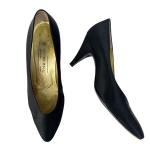 VTG Bruno Magli Italy Black Satin Pointed Toe Pumps Heels 8B Minimal Old Money
